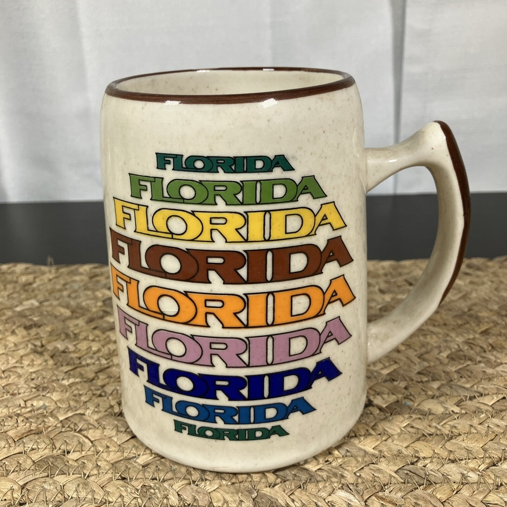 Florida Mug Cup Large Coffee Tall Heavy‎ Retro Stoneware Rainbow Souvenir VTG